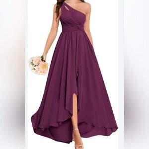Chic One-Shoulder Plum High Low Dress